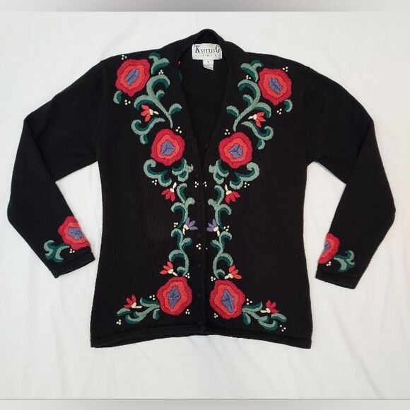 Vintage 80s Knitting Needles Embroidered Cardigan Sweater M - Picture 1 of 10